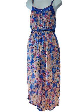 (A1113) Candies Floral Print High-Low Sleeveless Maxi Dress Lace M Blue Peach Fa